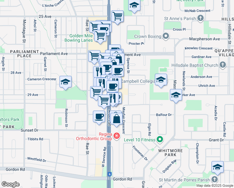 map of restaurants, bars, coffee shops, grocery stores, and more near in Regina