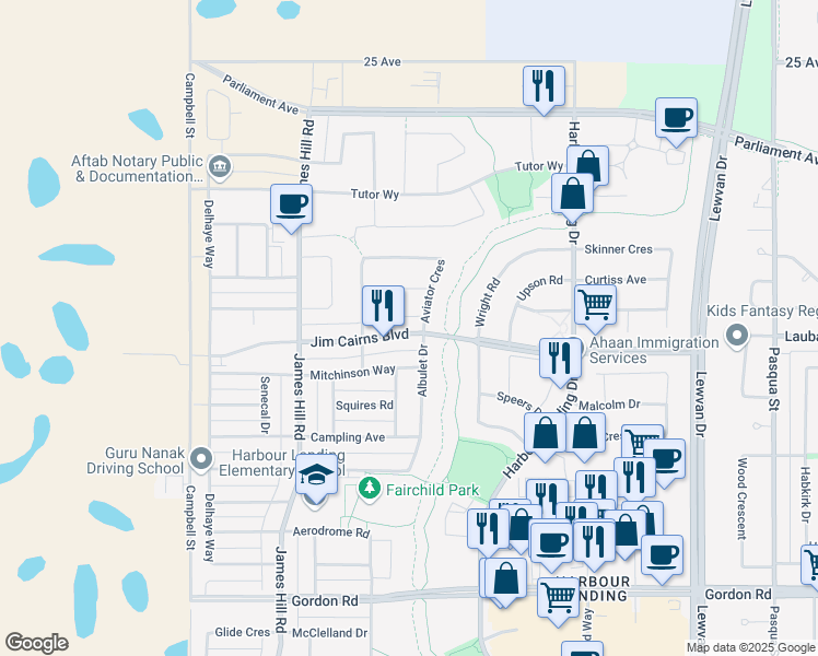 map of restaurants, bars, coffee shops, grocery stores, and more near 5118 Jim Cairns Boulevard in Regina