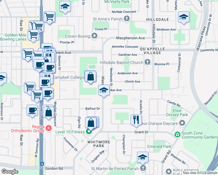 map of restaurants, bars, coffee shops, grocery stores, and more near 1800 Parker Avenue in Regina