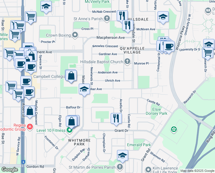 map of restaurants, bars, coffee shops, grocery stores, and more near 1616 Parker Avenue in Regina