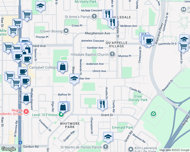 map of restaurants, bars, coffee shops, grocery stores, and more near 1616 Parker Avenue in Regina