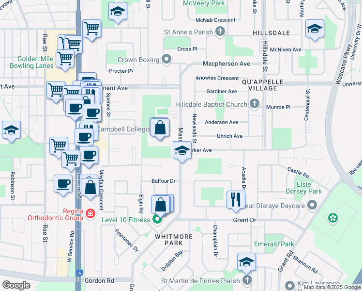 map of restaurants, bars, coffee shops, grocery stores, and more near Massey Road in Regina