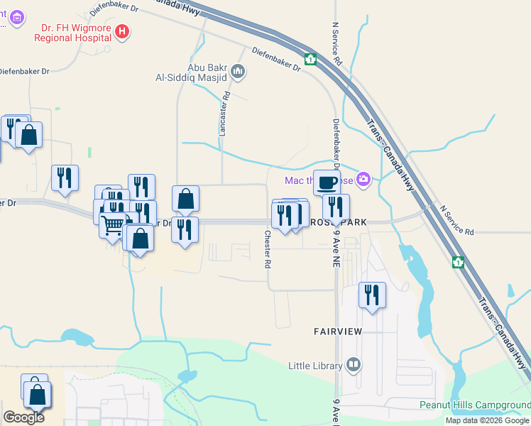 map of restaurants, bars, coffee shops, grocery stores, and more near 24 Chester Road in Moose Jaw