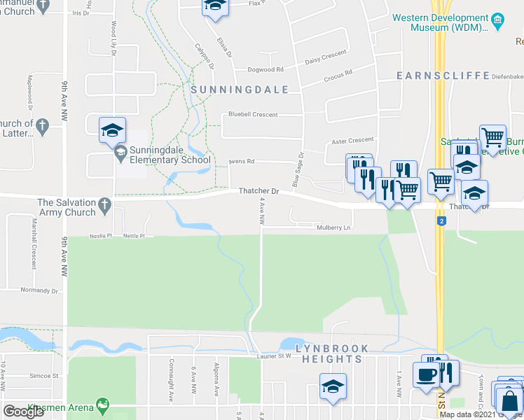 map of restaurants, bars, coffee shops, grocery stores, and more near 4 Avenue Northwest in Moose Jaw