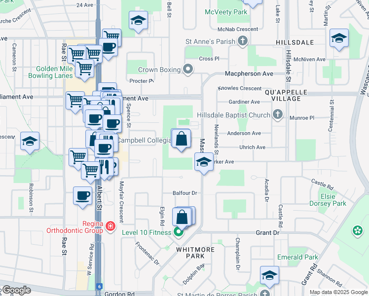 map of restaurants, bars, coffee shops, grocery stores, and more near 102 Massey Road in Regina