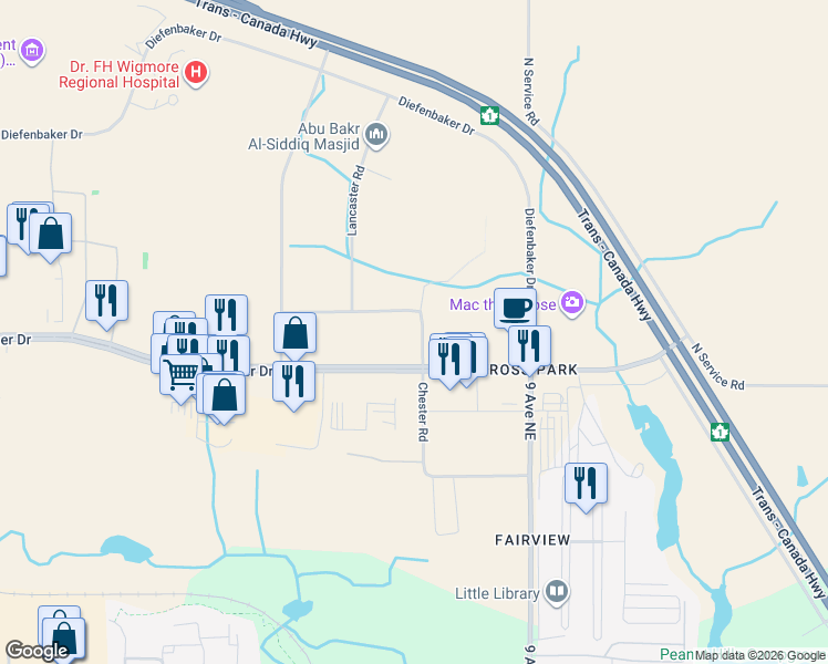 map of restaurants, bars, coffee shops, grocery stores, and more near 24 Chester Road in Moose Jaw