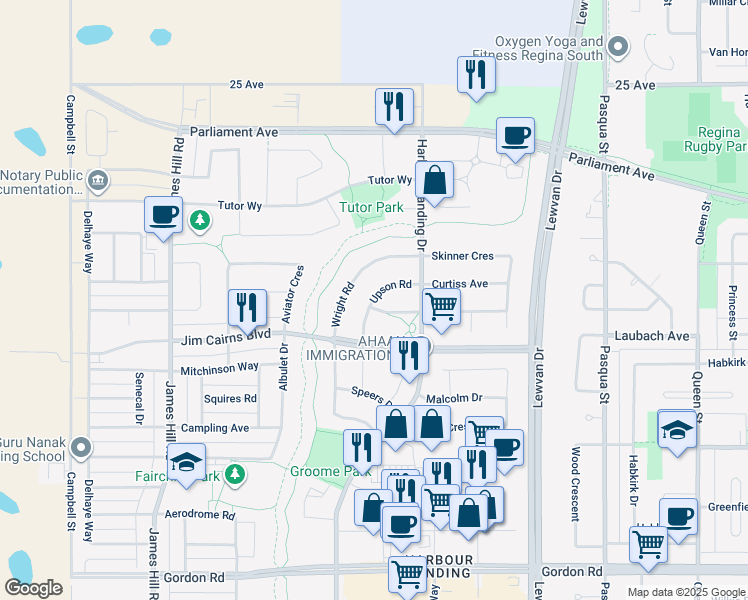 map of restaurants, bars, coffee shops, grocery stores, and more near Upson Road in Regina