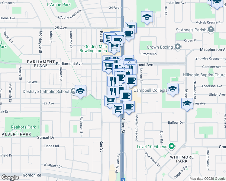 map of restaurants, bars, coffee shops, grocery stores, and more near 4150 Albert Street in Regina