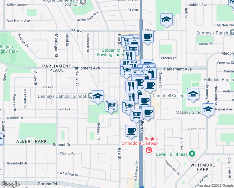 map of restaurants, bars, coffee shops, grocery stores, and more near in Regina