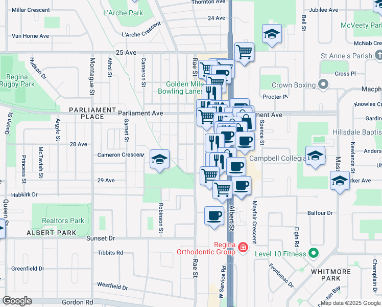 map of restaurants, bars, coffee shops, grocery stores, and more near in Regina