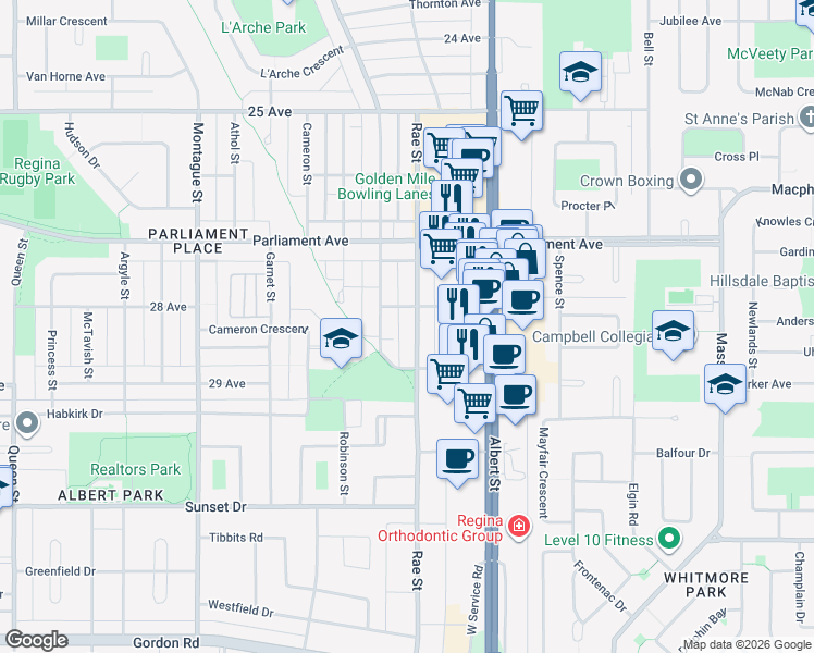map of restaurants, bars, coffee shops, grocery stores, and more near 4122 Rae Street in Regina