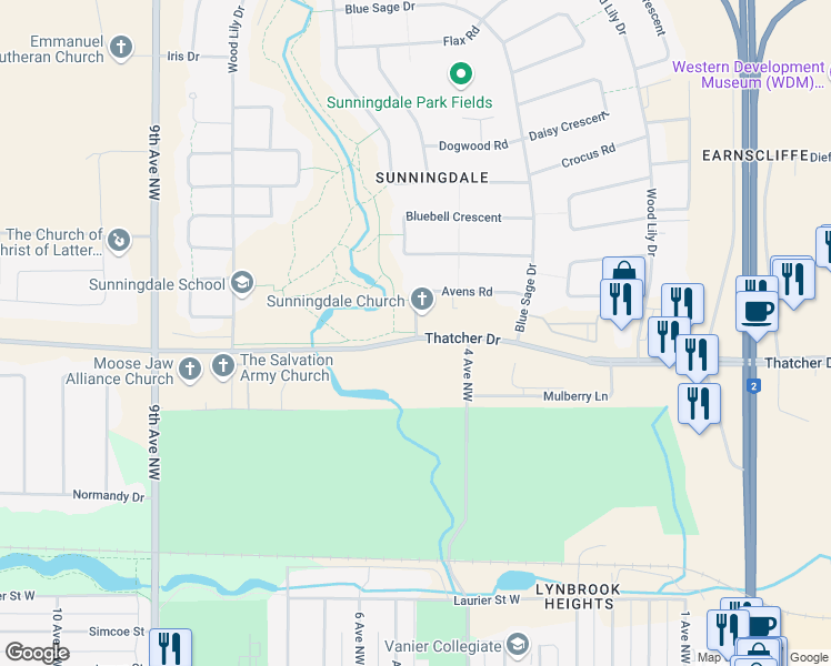 map of restaurants, bars, coffee shops, grocery stores, and more near 0 Avens Road in Moose Jaw