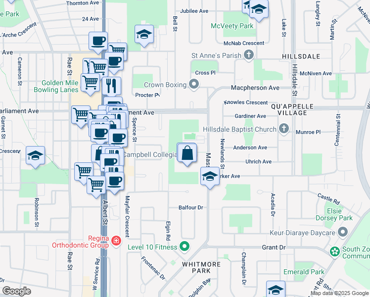 map of restaurants, bars, coffee shops, grocery stores, and more near in Regina