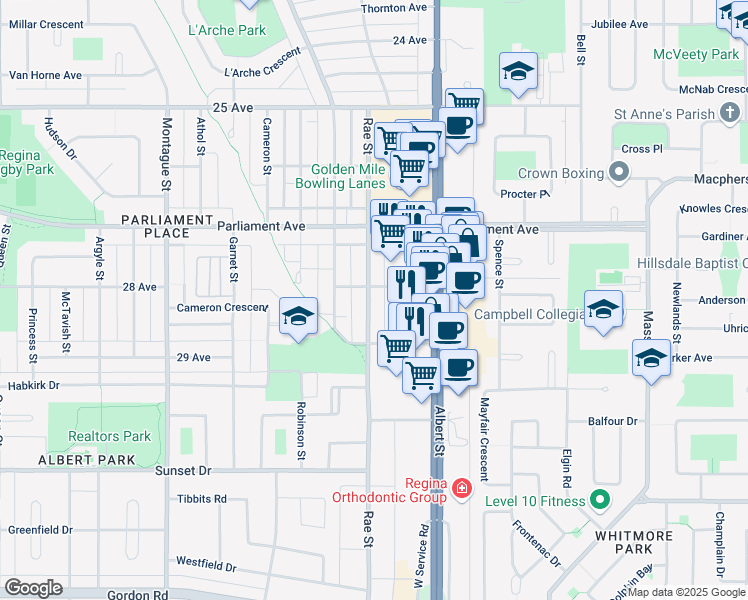 map of restaurants, bars, coffee shops, grocery stores, and more near 4125 Rae Street in Regina
