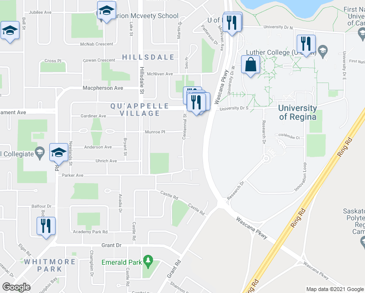 map of restaurants, bars, coffee shops, grocery stores, and more near 48 Centennial Street in Regina