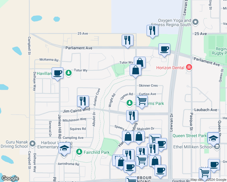 map of restaurants, bars, coffee shops, grocery stores, and more near 4837 Wright Road in Regina