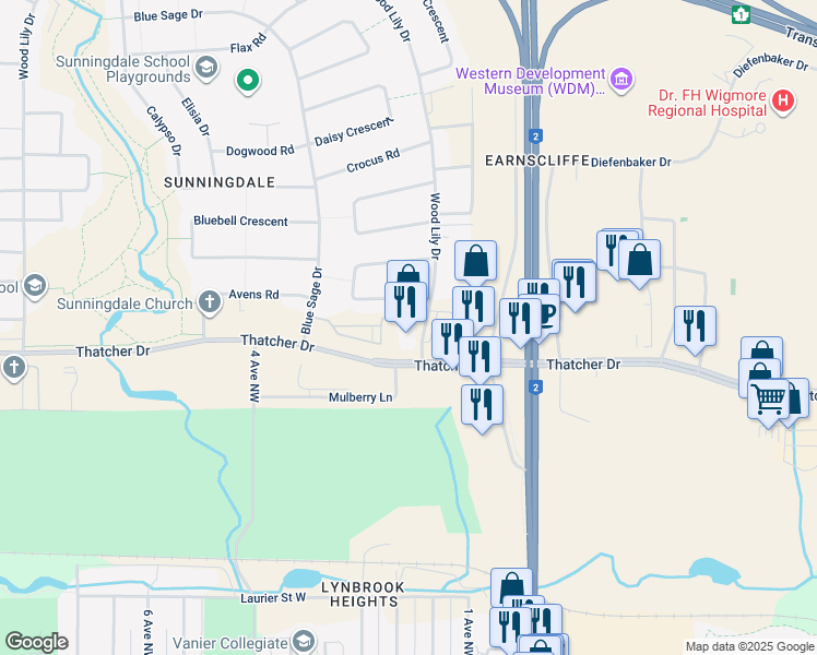 map of restaurants, bars, coffee shops, grocery stores, and more near 10 Wood Lily Drive in Moose Jaw