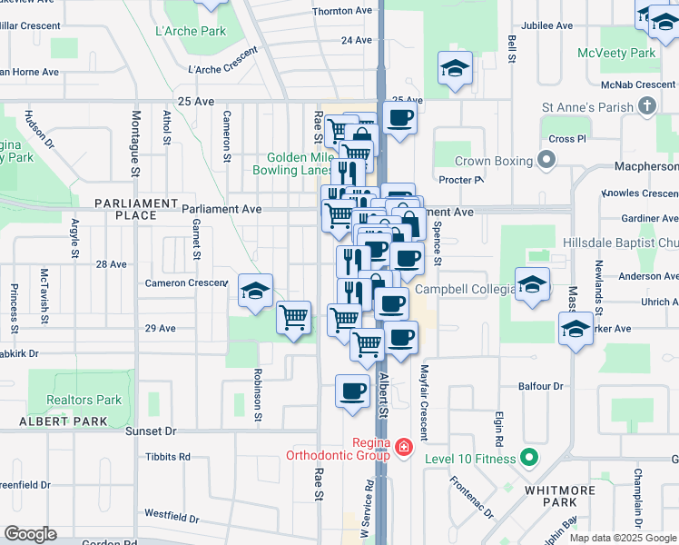 map of restaurants, bars, coffee shops, grocery stores, and more near 4125 Rae Street in Regina