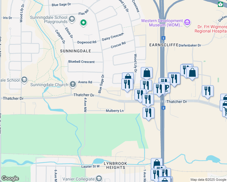 map of restaurants, bars, coffee shops, grocery stores, and more near 43 Arrowhead Road in Moose Jaw