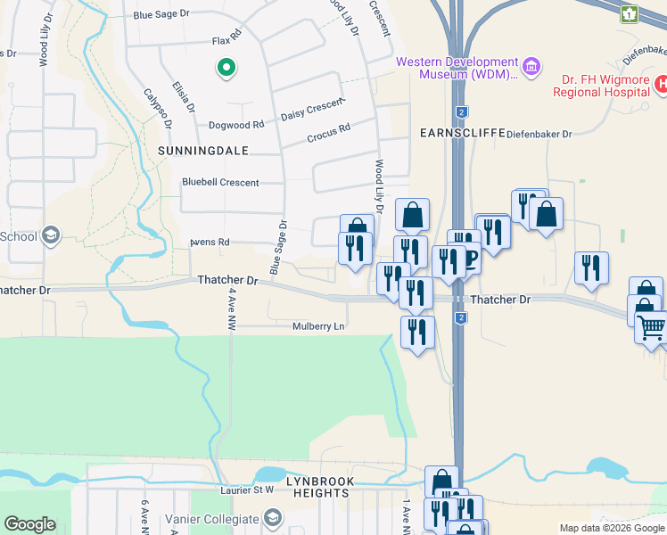 map of restaurants, bars, coffee shops, grocery stores, and more near 0 Arrowhead Road in Moose Jaw