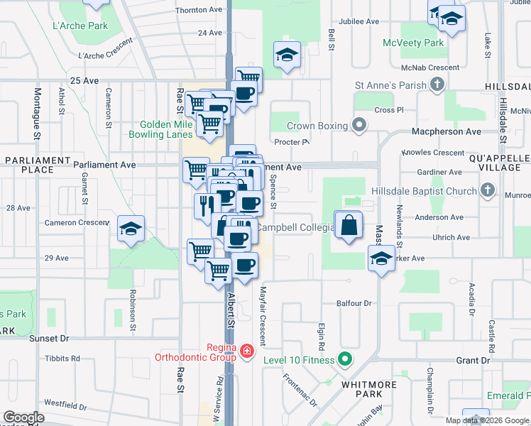 map of restaurants, bars, coffee shops, grocery stores, and more near 4041 Albert Street in Regina