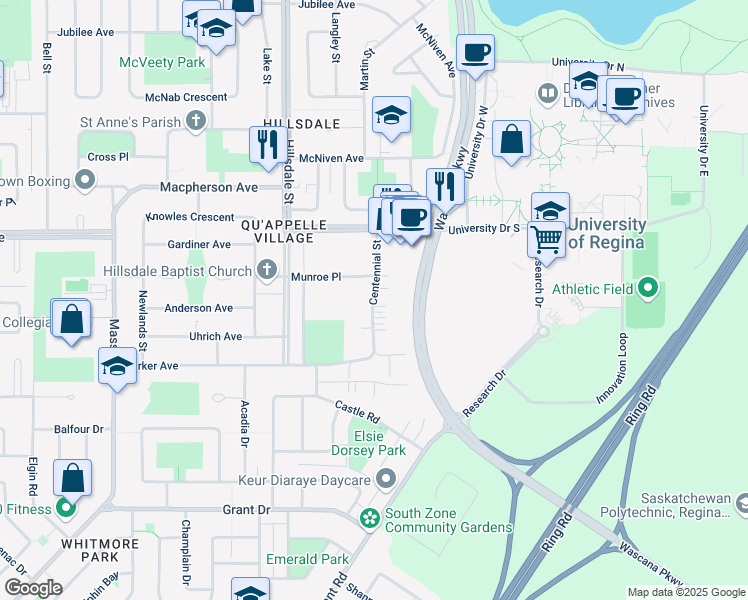 map of restaurants, bars, coffee shops, grocery stores, and more near Centennial Street in Regina