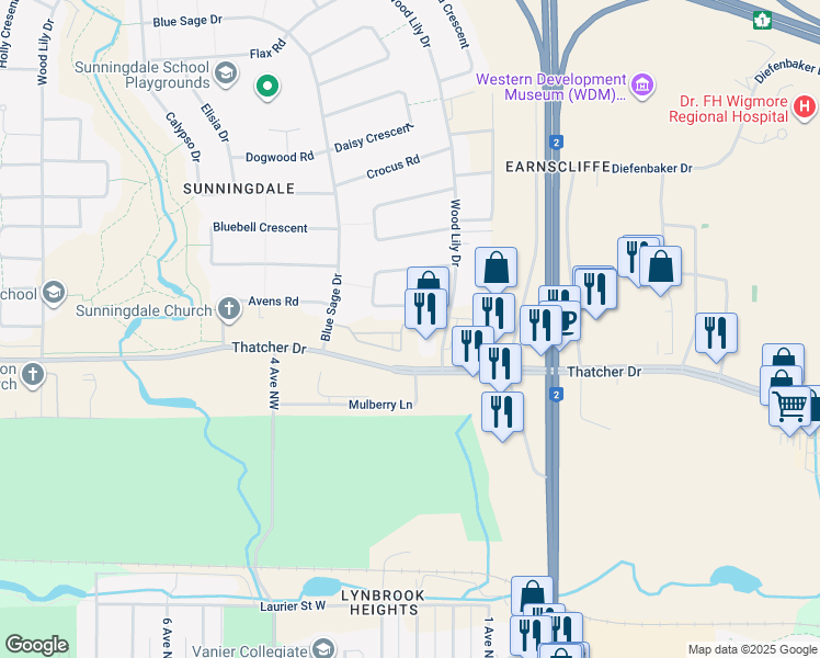 map of restaurants, bars, coffee shops, grocery stores, and more near 10 Wood Lily Drive in Moose Jaw