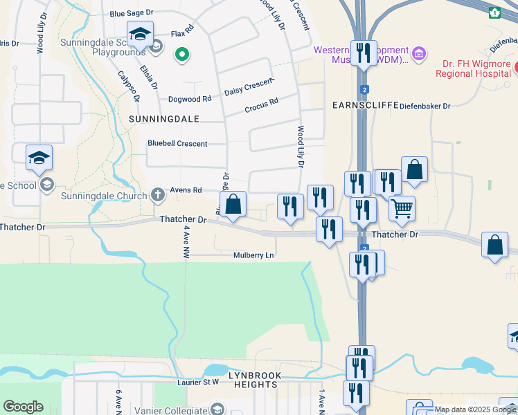 map of restaurants, bars, coffee shops, grocery stores, and more near 43 Arrowhead Road in Moose Jaw