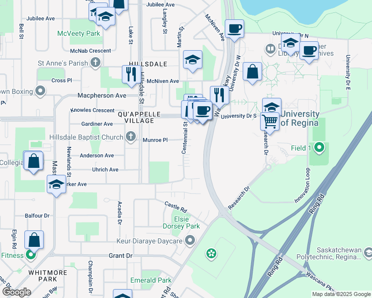 map of restaurants, bars, coffee shops, grocery stores, and more near 48 Centennial Street in Regina