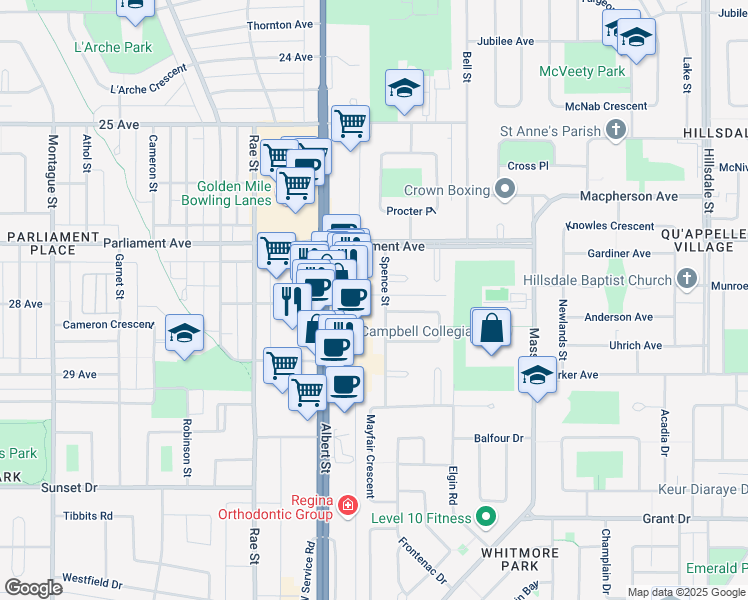 map of restaurants, bars, coffee shops, grocery stores, and more near 4041 Albert Street in Regina