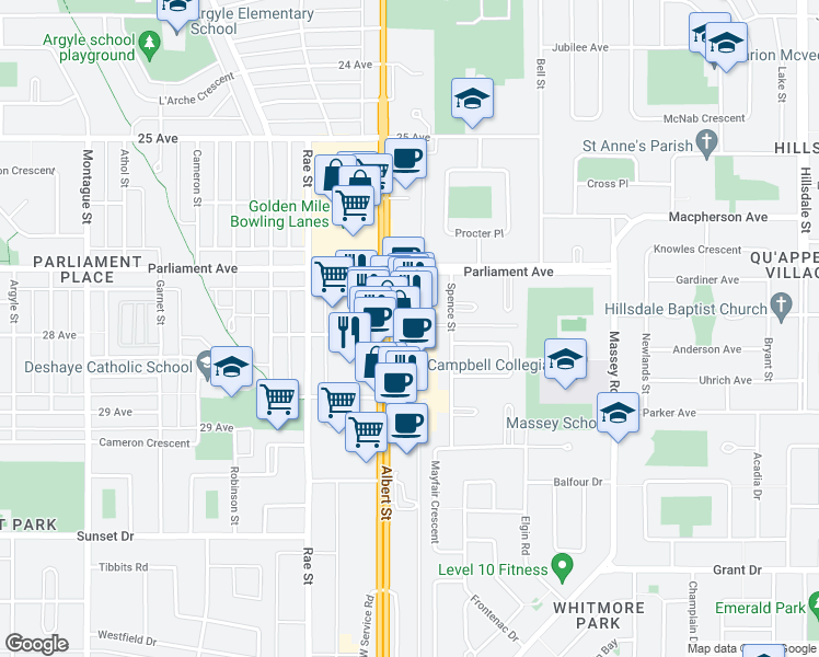 map of restaurants, bars, coffee shops, grocery stores, and more near in Regina