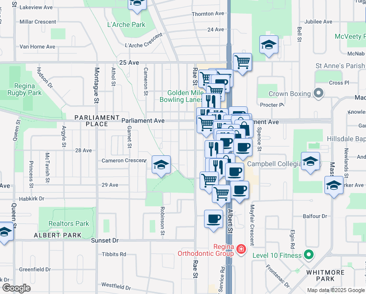 map of restaurants, bars, coffee shops, grocery stores, and more near 4049 Retallack Street in Regina