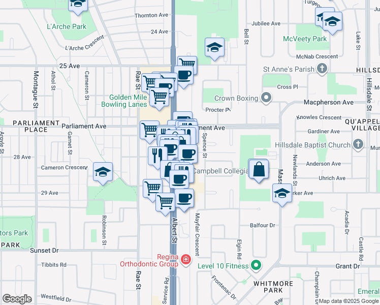 map of restaurants, bars, coffee shops, grocery stores, and more near 4041 Albert Street in Regina