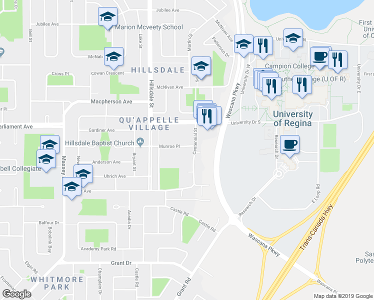 map of restaurants, bars, coffee shops, grocery stores, and more near 41 Munroe Place in Regina