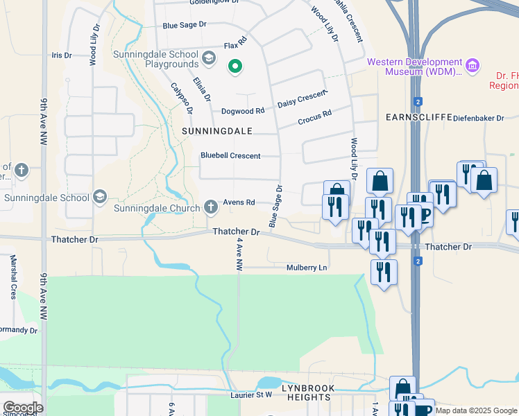 map of restaurants, bars, coffee shops, grocery stores, and more near 9 Avens Road in Moose Jaw