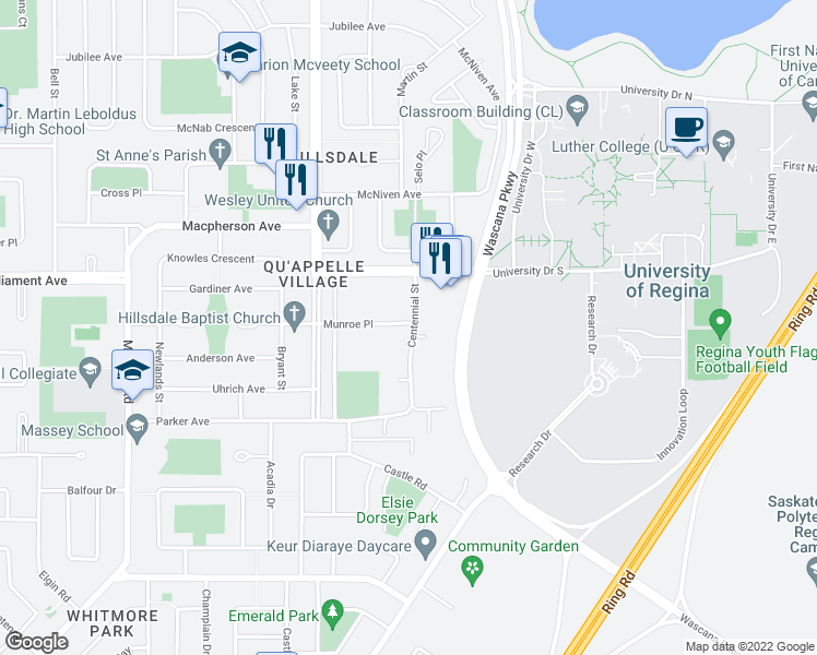 map of restaurants, bars, coffee shops, grocery stores, and more near 48 Centennial Street in Regina