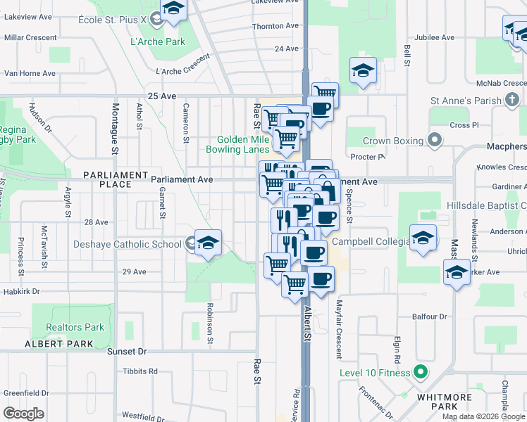 map of restaurants, bars, coffee shops, grocery stores, and more near 4125 Rae Street in Regina