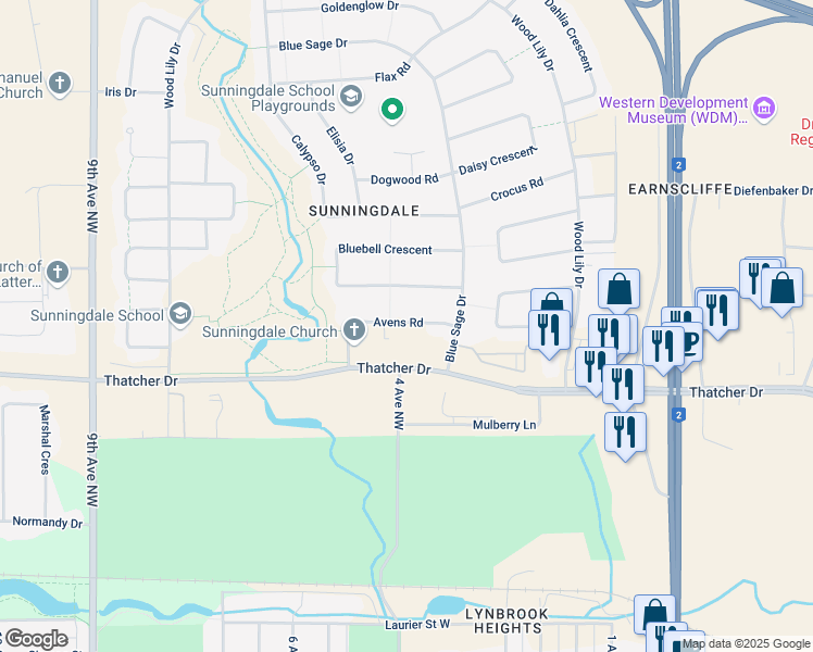 map of restaurants, bars, coffee shops, grocery stores, and more near 31 Avens Road in Moose Jaw