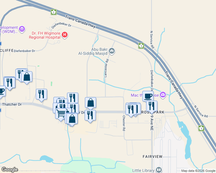 map of restaurants, bars, coffee shops, grocery stores, and more near 15 Lancaster Road in Moose Jaw