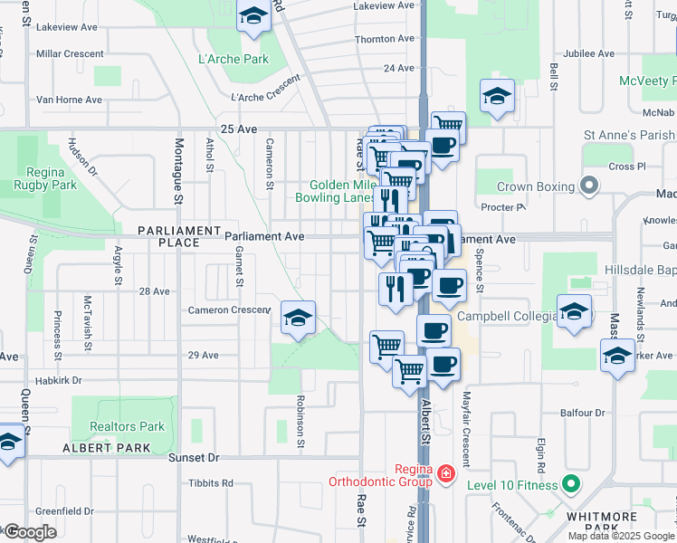 map of restaurants, bars, coffee shops, grocery stores, and more near 4029 Retallack Street in Regina