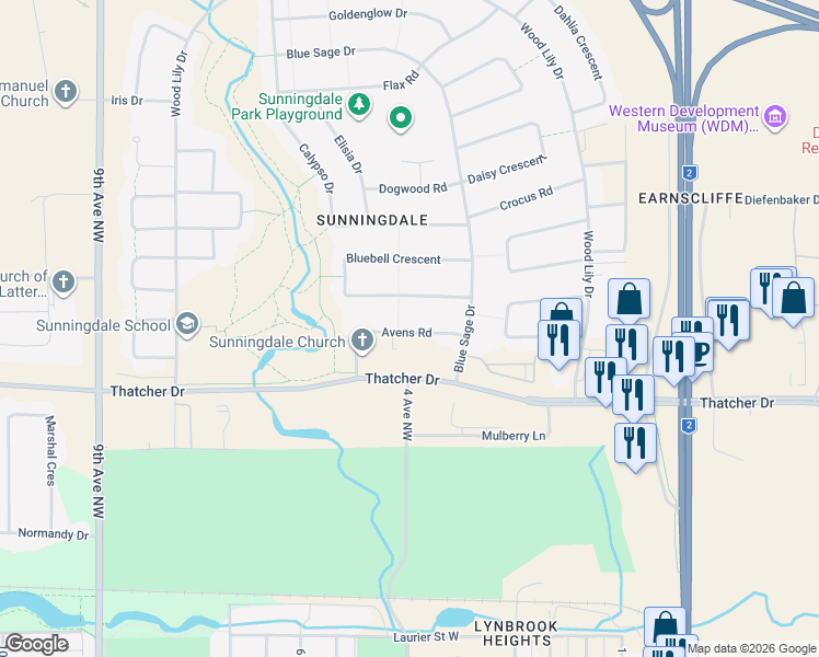 map of restaurants, bars, coffee shops, grocery stores, and more near 19 Bluebell Crescent in Moose Jaw