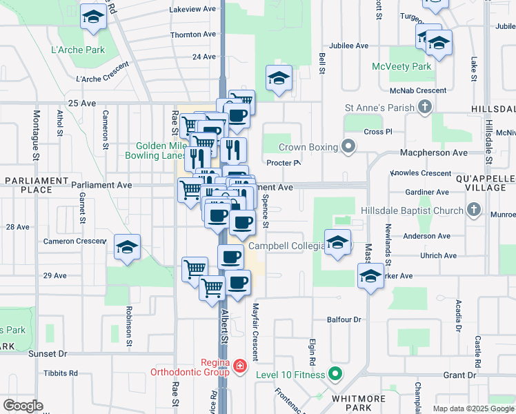 map of restaurants, bars, coffee shops, grocery stores, and more near 2 Spence Street in Regina