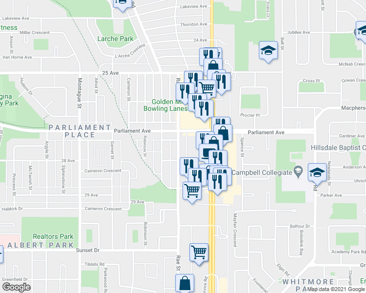 map of restaurants, bars, coffee shops, grocery stores, and more near 133 Parliament Avenue in Regina