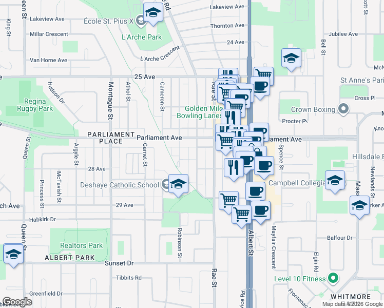 map of restaurants, bars, coffee shops, grocery stores, and more near 2935 Parliament Avenue in Regina