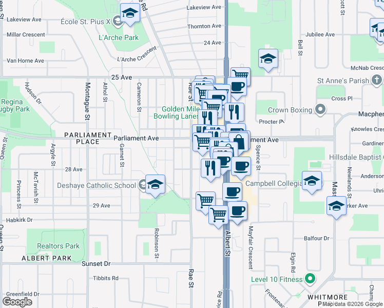 map of restaurants, bars, coffee shops, grocery stores, and more near 133 Parliament Avenue in Regina