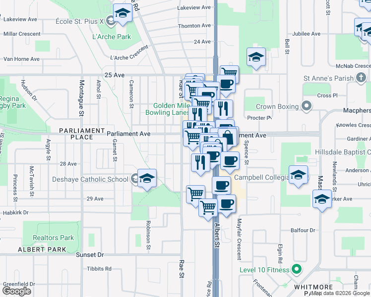 map of restaurants, bars, coffee shops, grocery stores, and more near 133 Parliament Avenue in Regina