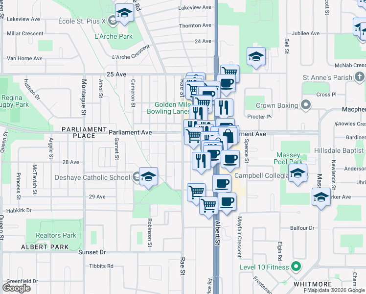 map of restaurants, bars, coffee shops, grocery stores, and more near 133 Parliament Avenue in Regina