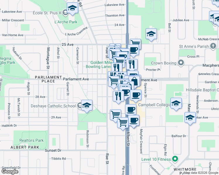 map of restaurants, bars, coffee shops, grocery stores, and more near 133 Parliament Avenue in Regina