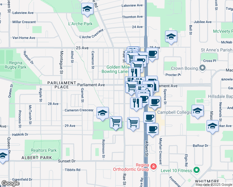 map of restaurants, bars, coffee shops, grocery stores, and more near 2835 Parliament Avenue in Regina