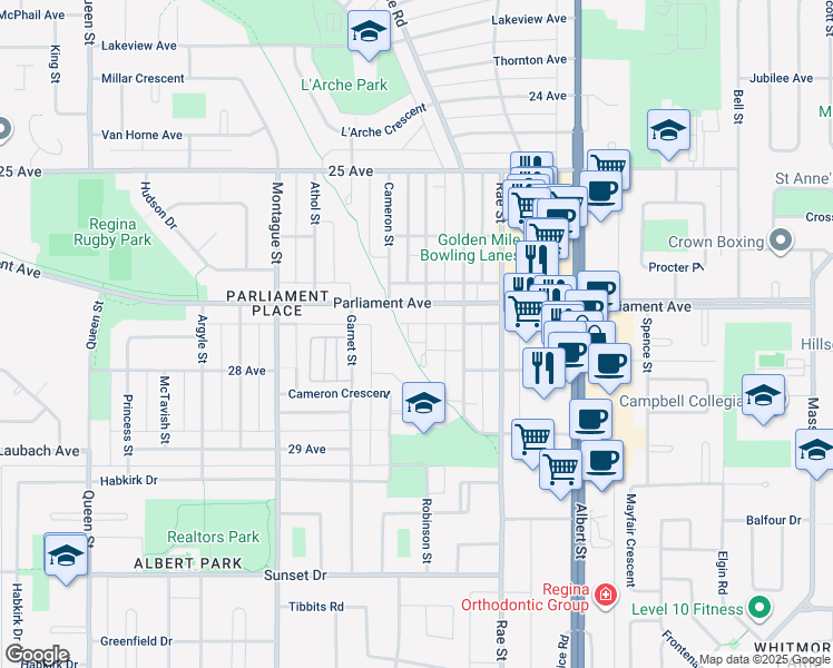 map of restaurants, bars, coffee shops, grocery stores, and more near 3025 Parliament Avenue in Regina